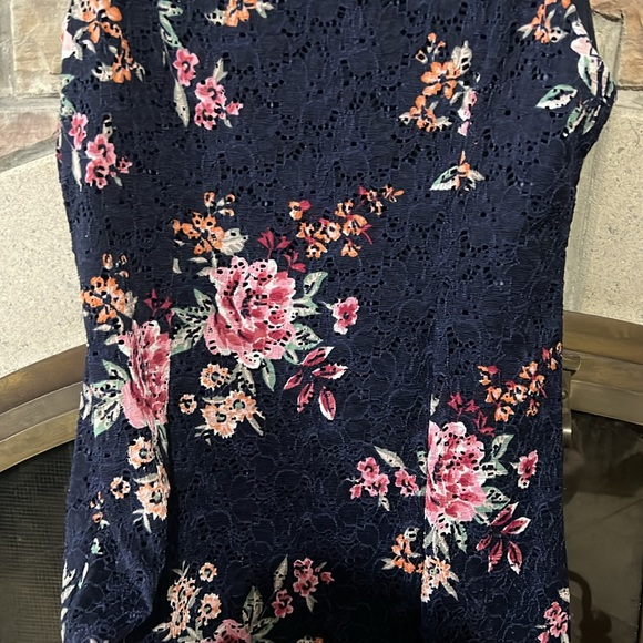 Navy Blue and Pink Lace Floral Midi Dress - Picture 7 of 7